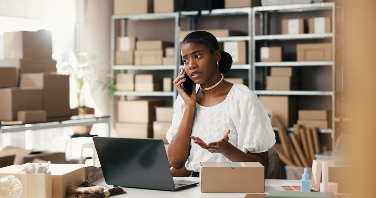 Upset, woman and phone call for logistics, startup and worried for delivery delay and communication.